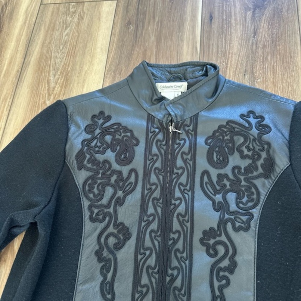 Coldwater Creek womens black leather embroidered sweater jacket size small